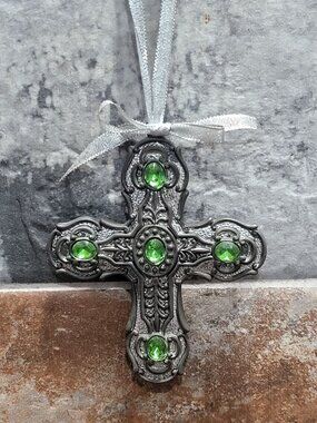 Towle Silver Plated Cross Ornament Metal Green Synthetic Gemstones
